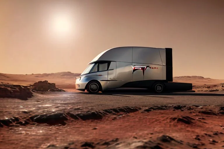 A Tesla 'Semi' (semi truck) is parked, at the Cydonia region on Mars. (CINEMATIC, WIDE ANGLE LENS, PHOTO REAL)