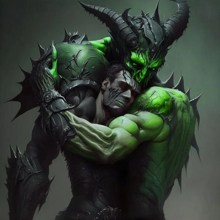 demonio de armadura negra y verde levantando a un hombre del cuello