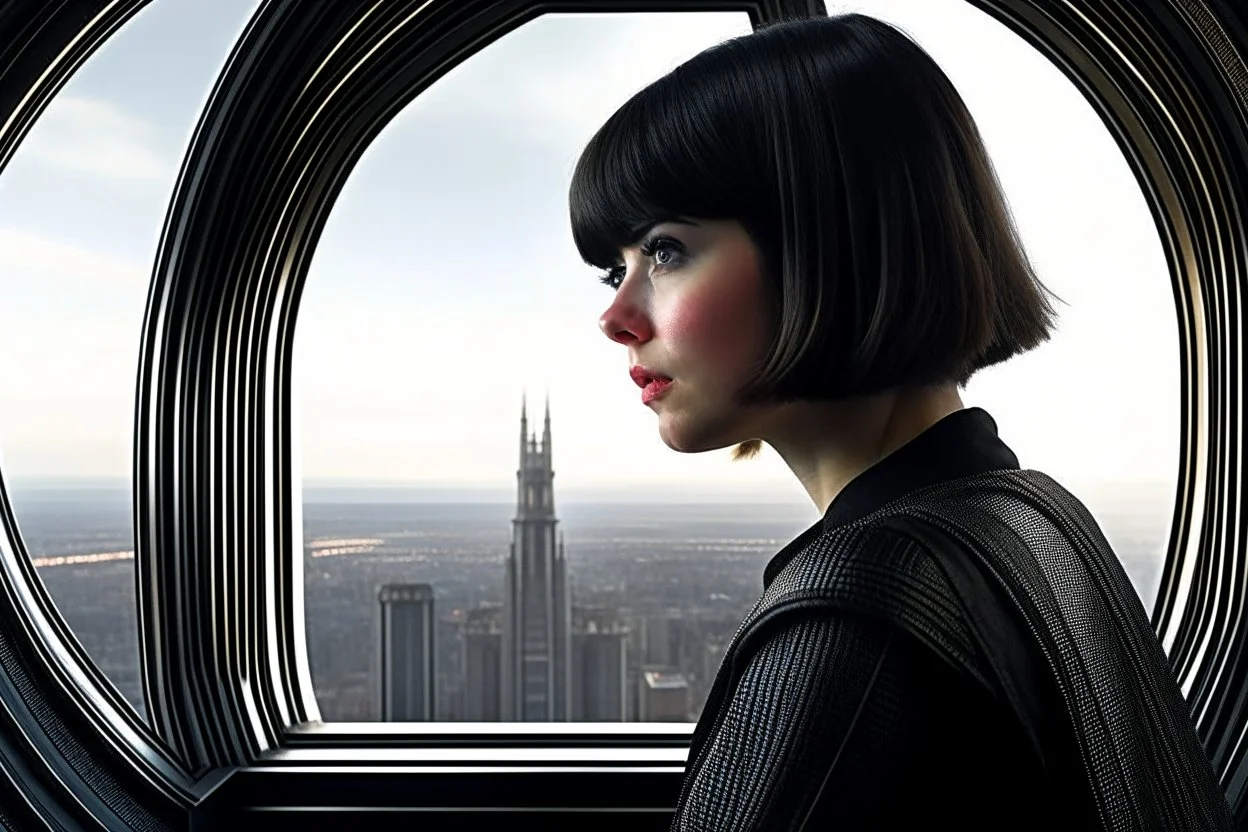 girl wearing black leather, shoulder-length bob, with fringe, in a science fiction building looking out over a large city