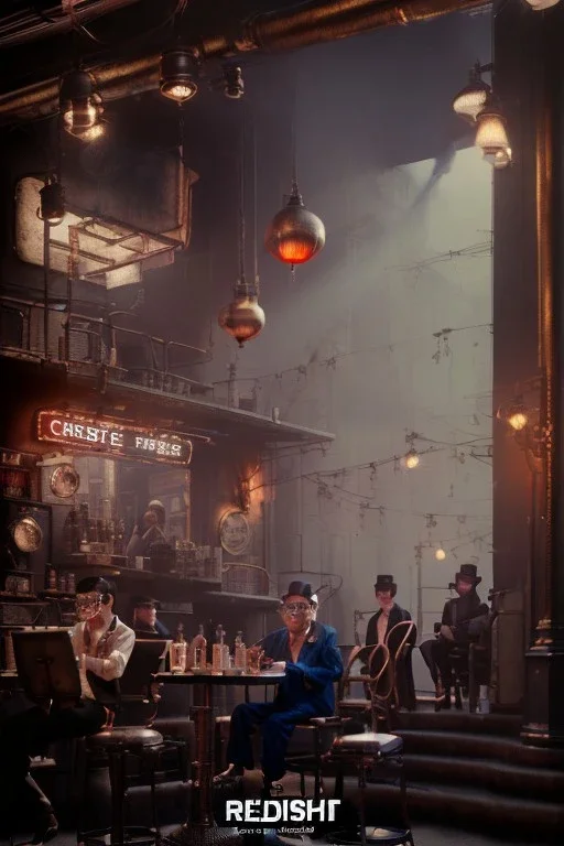 Waist up view cabaret scene, steampunk. old Asian man and little monkey, Sunglasses, smoking, happy, hot. Many people background, highly detailed, concept art, unreal engine 5, god rays, ray tracing, RTX, lumen lighting, ultra detail, volumetric lighting, 3d, finely drawn, high definition, high resolution.