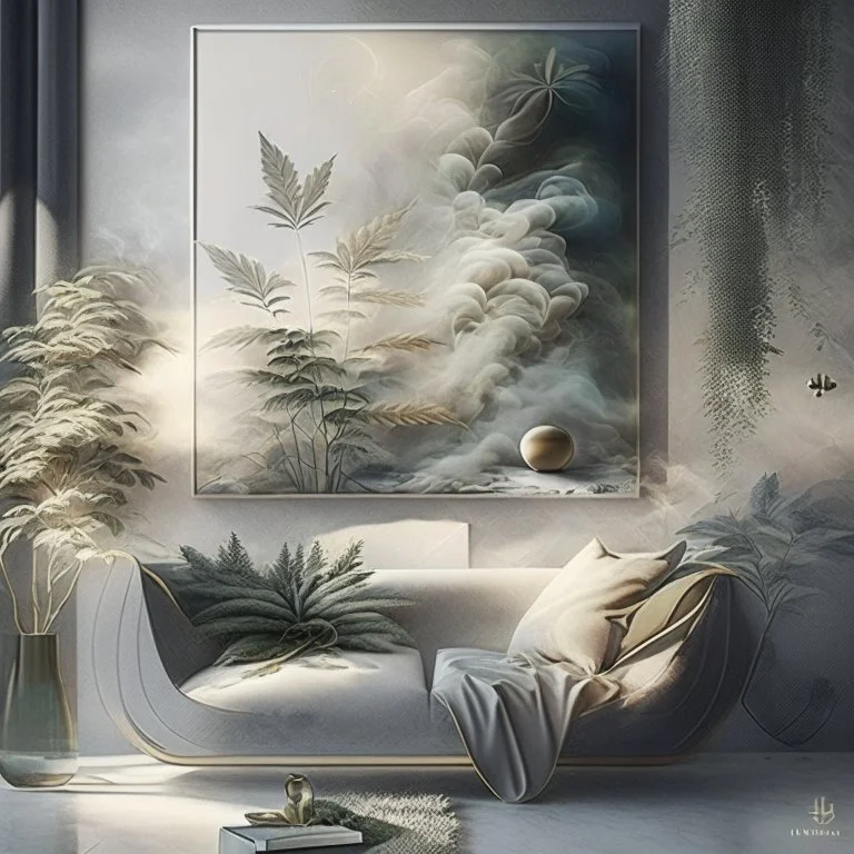 Design an art that potrays pleasure and relaxation derived from indulging in hash and weed, using elements like soft textures, hazy atmospheres, and gentle curves to evoke a sense of tranquility and bliss.