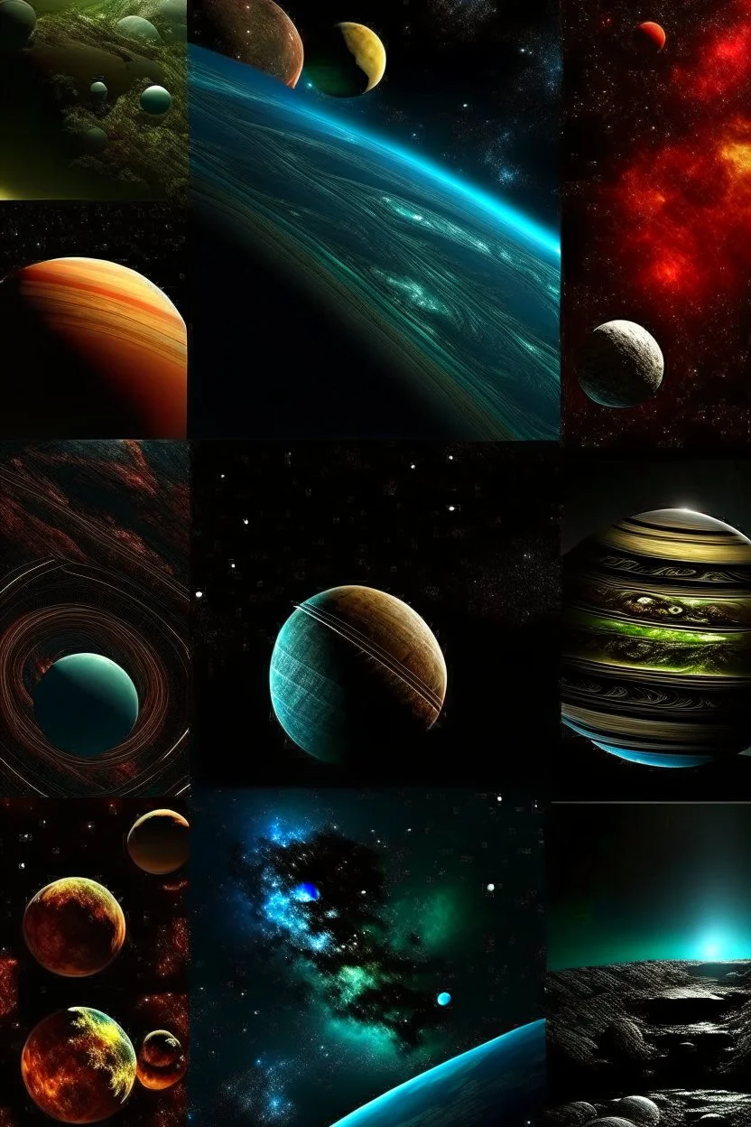 different variations of planets montage science book style