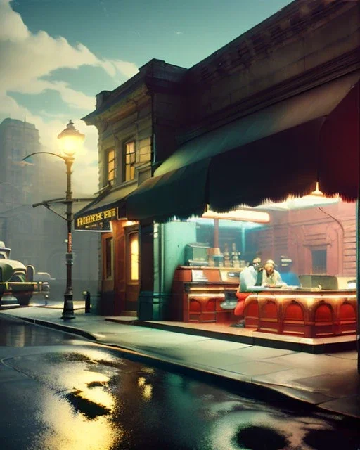 Scene, realistic image, retro futuristic, Edward Hopper style, smooth, unreal engine 5, god lights, ray tracing, RTX, lumen lighting, ultra detail, volumetric lighting, 3d.