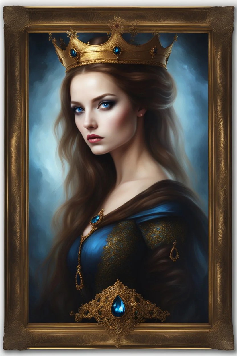 Gothic Gold framed painted portrait of a beautiful queen. Blue eyes, brown hair, dark fantasy