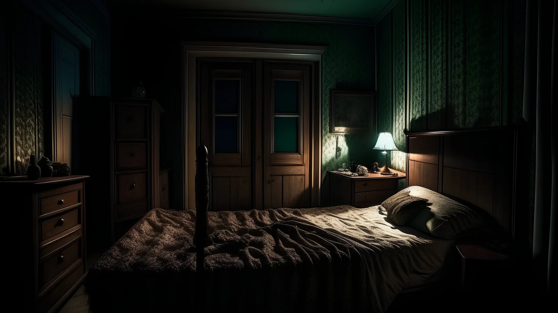 burer in bedroom in night, scary scene