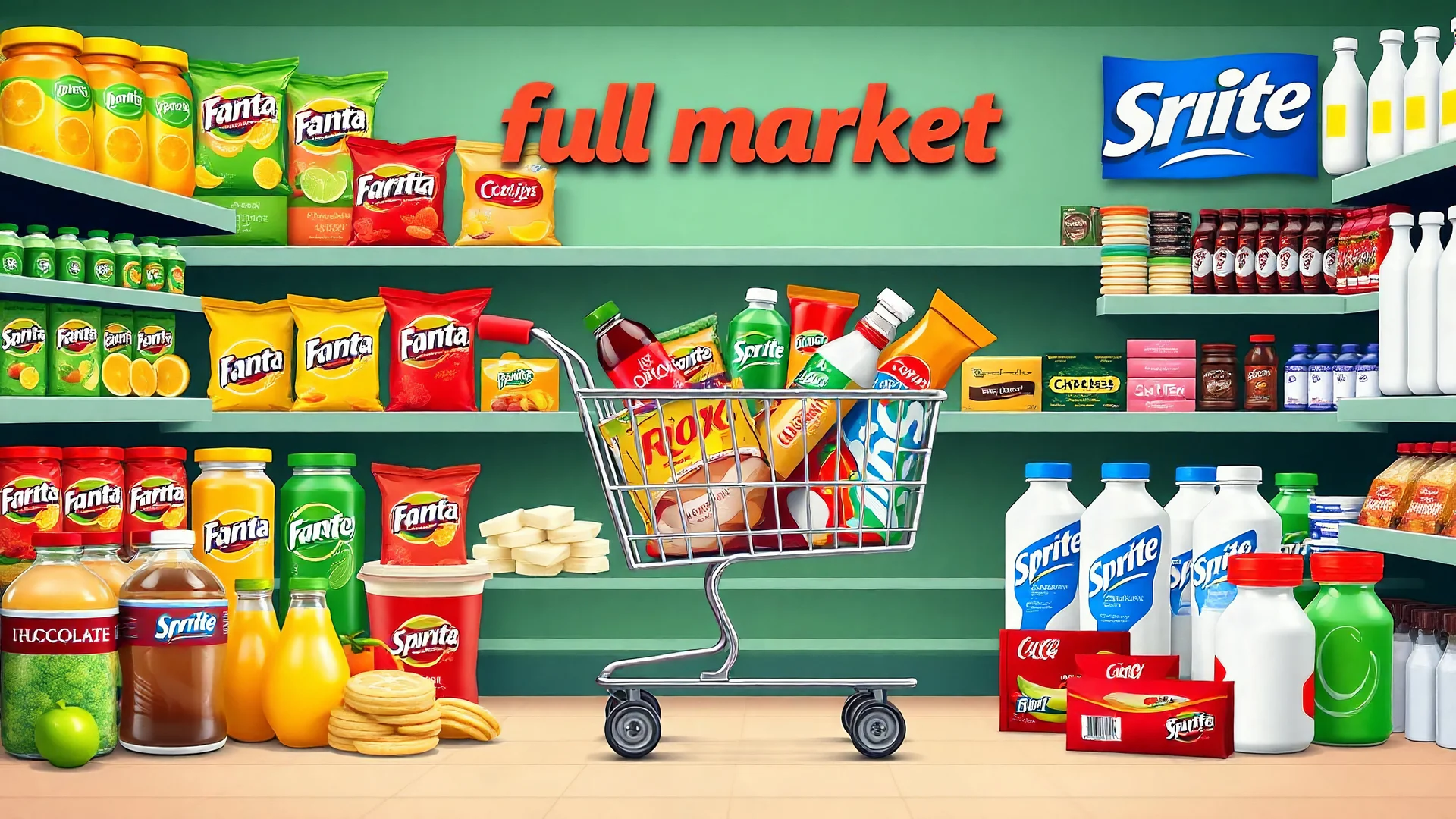 A design for a supermarket called (full market) filled with various fruit juices, chips, Fanta, Coca-Cola, and Sprite soft drinks, various chocolates, packaged cheeses, butter, and pasteurized milk, and a shopping cart filled with supermarket products in the center in happy, vibrant, and eye-catching colors.