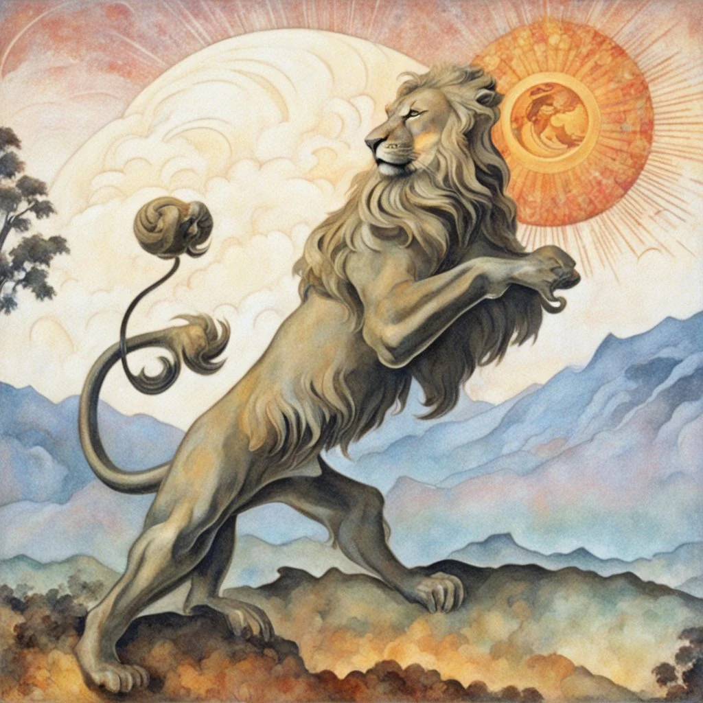 Art deco design of a lion devouring a sun