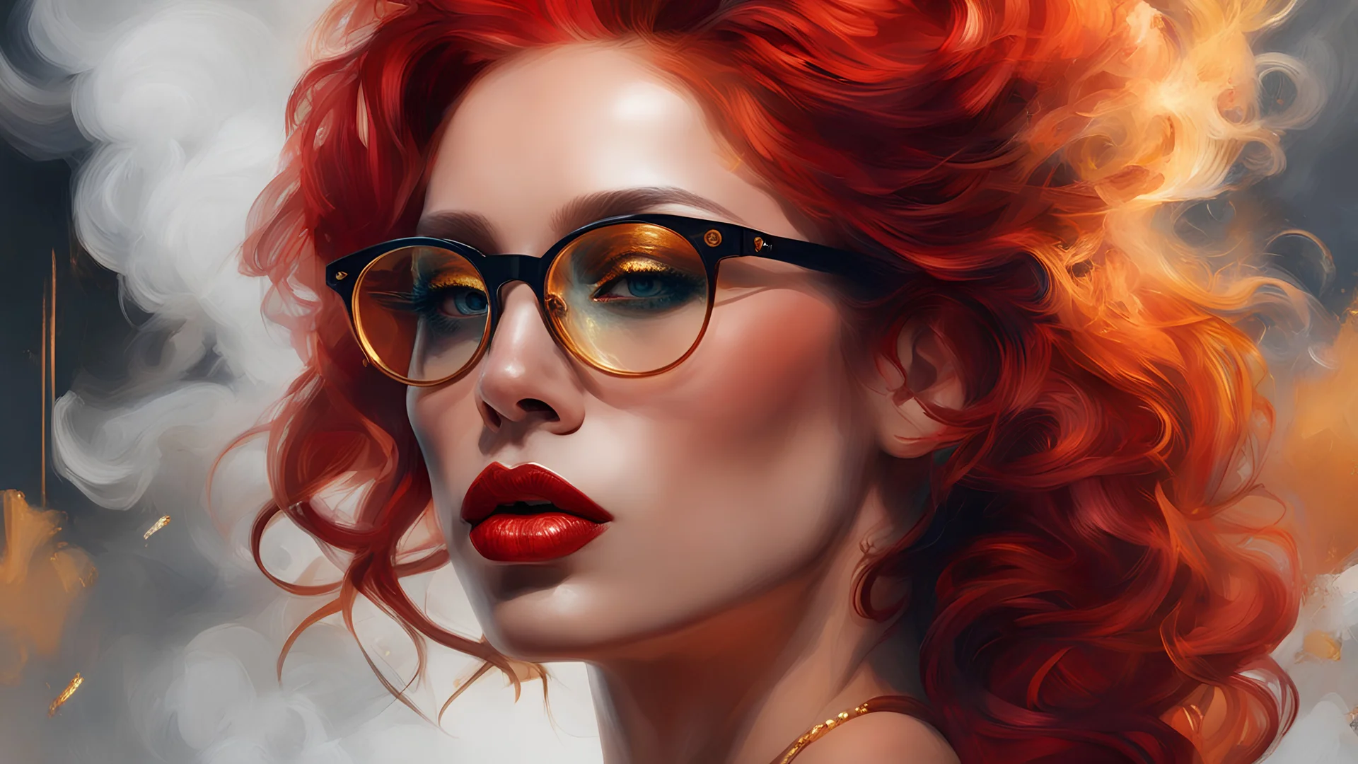 designed by greg manchess,smoke, Close Portrait of a woman, bright detailed eyes, sleek scarlet hair, dense freckles, matte lips, cigarette mouth, futuristic, gold glasses, trending on art station, smoke, abstract, photoreal, 8 k, octane render by greg rutkowski, art by Carne Griffiths and Wadim Kashin ,in the style of Dau-al-Set, Pollock, and inspired by MAPPA and Zdzislaw Beksinski