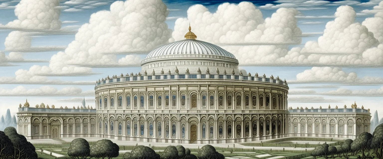 A white cloudy sky with a puffy palace designed in ancient Roman mosaics painted by Alan Sorrell