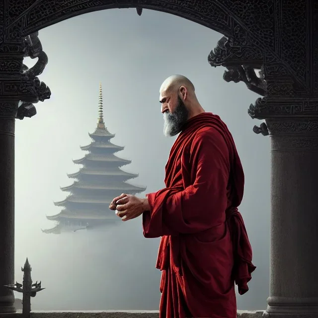 Portrait of a monk, fog, distant Asian temple, profile, grim, dark, Frank Frazetta, Greg Rutkowski, hyperdetailed, trending on Artstation, Splash screen art, dynamic lighting, intricately detailed, a masterpiece, 8k resolution, high contrast, bearded, red robe, detailed face, dramatic, photorealistic,