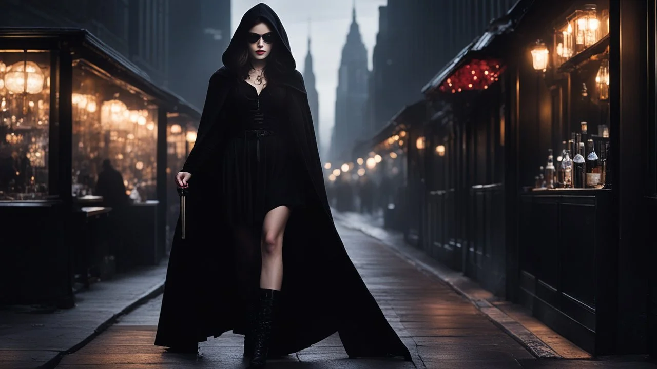 As Dahlia Death pushed open the heavy door of the dimly lit bar, the chatter and clinking of glasses fell silent for a fleeting moment. she has pale skin and dark hair, roams unseen, clad in a black dress and hooded cape, wielding her scythe to collect souls guided by Saint Peter. She moves through Manhattan hype places, a spectral figure fulfilling her grim missions with solemn determination. In the neon-lit alleys and bustling avenues, she navigates the chaos of the modern world, a silent sent