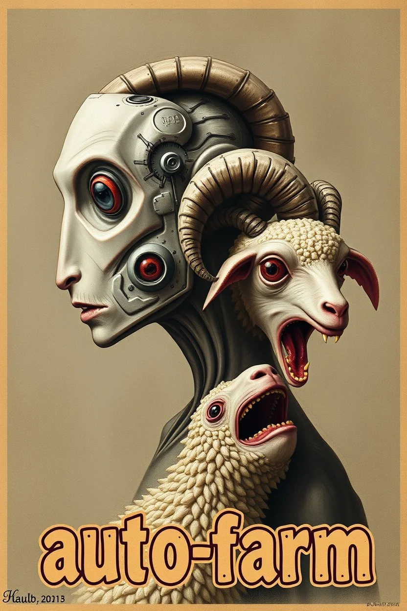 superherd group dark humor biological detail horror old macabre("yummy to yummy") right and left side profile, with heading fancy text of poster saying (autofarm) in boob poster form,a portrait of a very very super skinny head mechanic sheepman, man is eating a hybrid mixed body part sheep, giant eyes sheep alien style horror look. as five headed mouth open, rough teeth, turn head, (&*&*^%$^#%$#%$^%$#^#$#^%#$^$#&#^46747854784846857