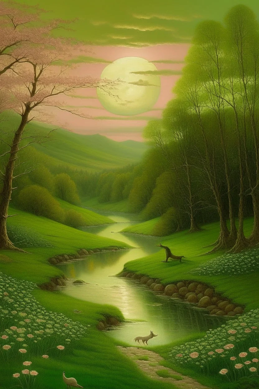 The silvery river flows quietly In the realm of the evening green spring. The sun is setting behind the wooded mountains, A golden horn floats out of the moon. The West is covered with a pink ribbon, The ploughman returned to the hut from the fields, And beyond the road in the birch thicket A nightingale sang a love song. He listens affectionately to deep songs Dawn is coming from the west with a pink ribbon. He looks tenderly at the distant stars And the earth smiles at the sky.