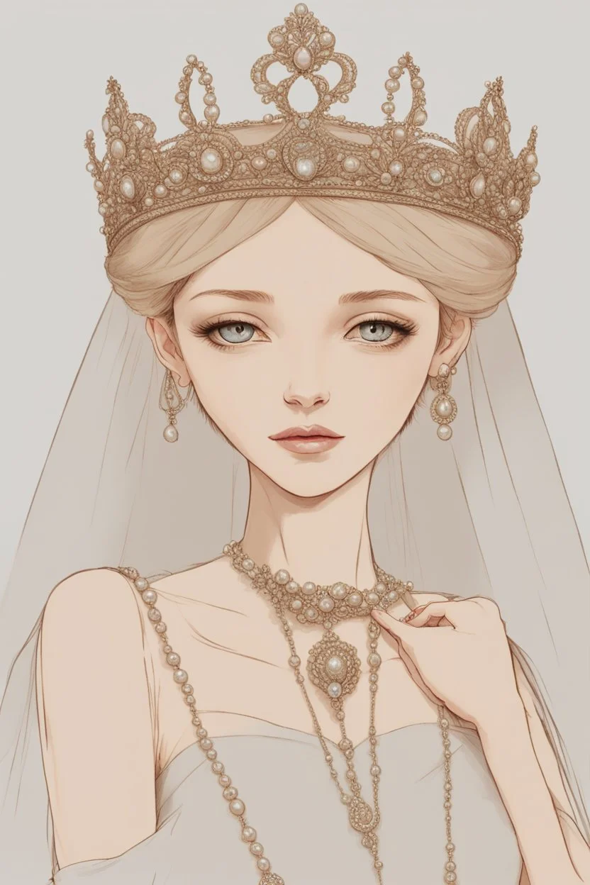 The enchanting queen, radiating grace and elegance. She would wear a flowing gown made of silk and adorned with delicate lace and pearls. Her crown would be a delicate tiara, embellished with sparkling gems.