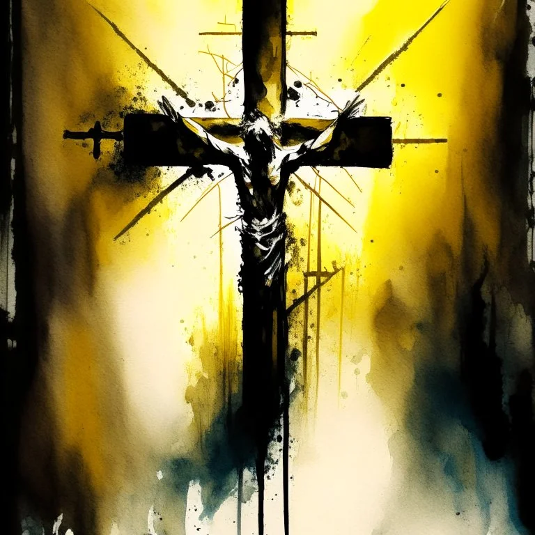 Dramatic watercolor and pen, fine strokes, high shock value image, social deconstruction through deceit and deception hit us with the pointing stick - golden arches crucifix, sci-fi noir aesthetic, dramatic, complex contrast, dynamic composition; oddball masterpiece, sfumato, sinister,