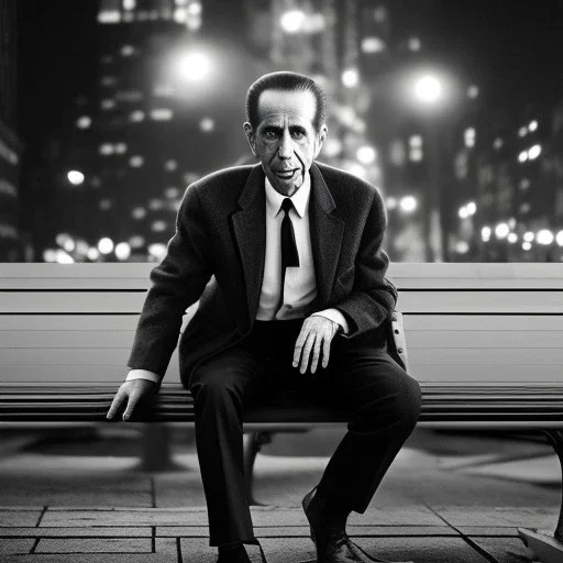 humphrey bogart sitting on a bench in new york city at night, dramatic, dramatic lighting, volumetric lighting, hyperrealism, 8k, high quality, photorealistic, lot of details