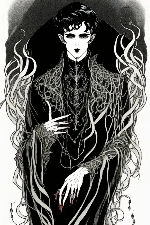 black haired young man necromancer wizard with gothic jewelry and tentacle fingers in the style of Harry Clarke