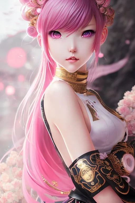 Detailed cute anime Kunoichi girl, pink hair buns, pink bangs, black latex bodysuit, intricate details, full body portrait, keep head in frame, slight smile, black Japanese motif, concept art, highly detailed, digital painting, concept art, sharp focus, illustration, art by Yoji Shinkawa, WLOP and greg rutkowski and alphonse mucha and artgerm and yanjun Chen and Junji ito and Makoto Shinkai, HDR, octane render