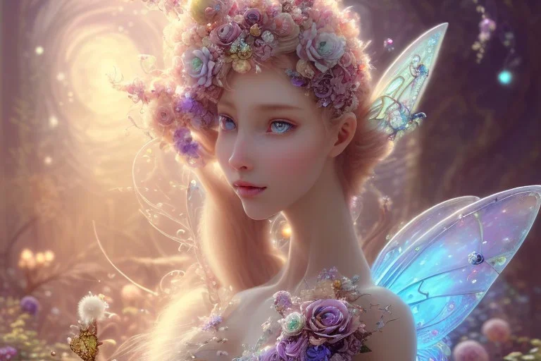 one very little beautiful fairy on a big crystal subtle flower in a galactic ambiance, transparent petals, delicate colors, in the foreground, full of details, smooth, bright sunshine，soft light atmosphere, light effect，vaporwave colorful, concept art, smooth, extremely sharp detail, finely tuned detail, ultra high definition, 8 k, unreal engine 5, ultra sharp focus