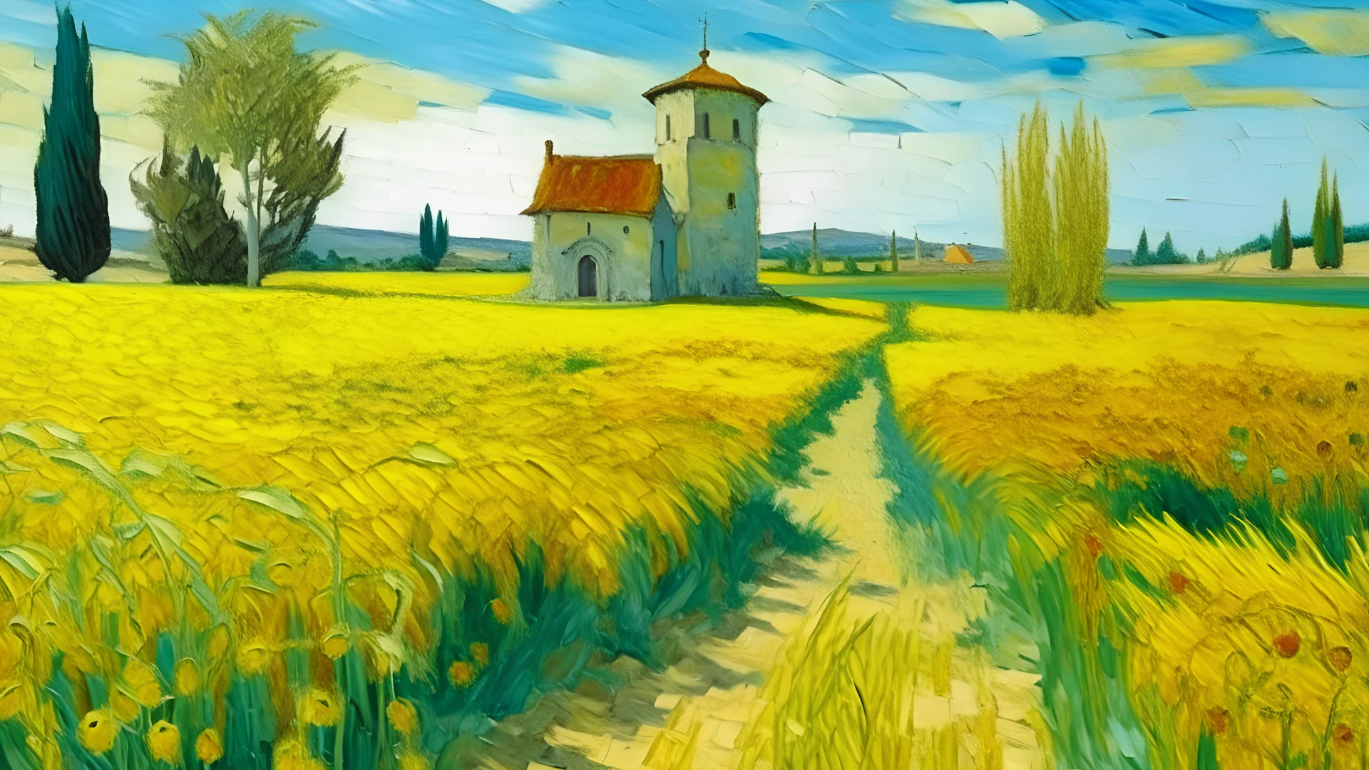 A light yellow field near ruins in daylight painted by Vincent van Gogh