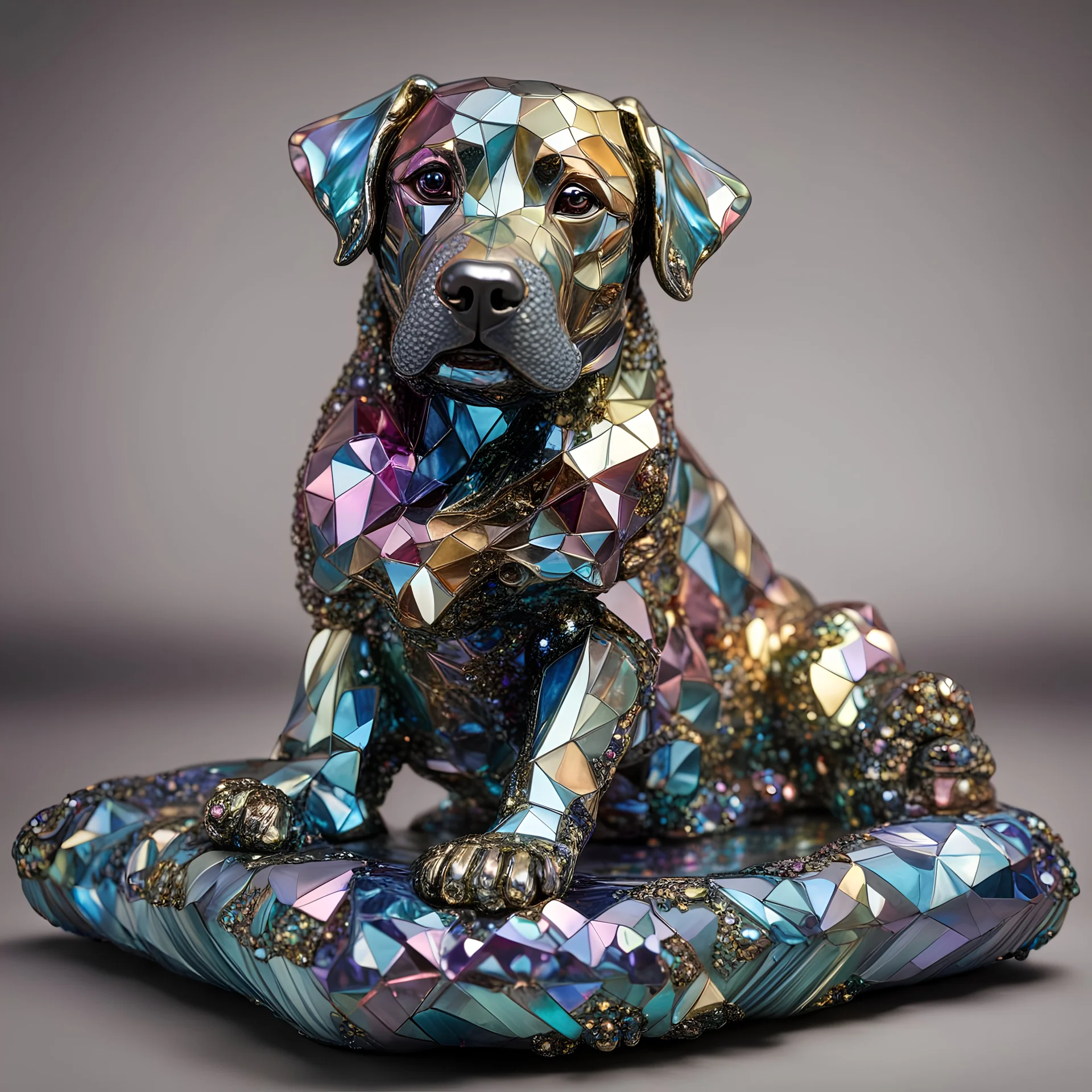 A high-definition,full-body, bismuth statue of an ultra-detailed spectacular graceful very royalistic female labrador lying on a swarowski covered pillow with the mouth closed. Composed in Art Nouveau style, the sculpture features multicolored, shiny, reflective bismuth crystals, body, stripes, head, legs, paws, and claws of the dog are crafted from geometric bismuth, opalescence, crystal reflects a vivid spectrum of shifting colors, of blues, greens, purples, and golds, background shiny blac