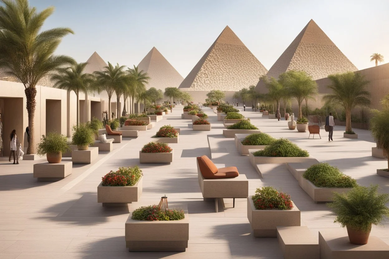 tourist walkway with the pyramids, including modern seating areas with planters and bazaars.