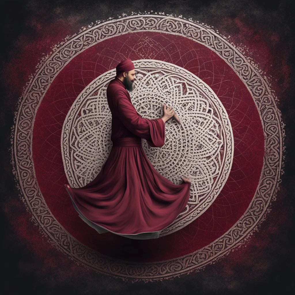 Hyper Realistic Sufi Whirling with Silver Islamic Sufi Rustic Grungy maroon-Islamic-patterned-background at dark night