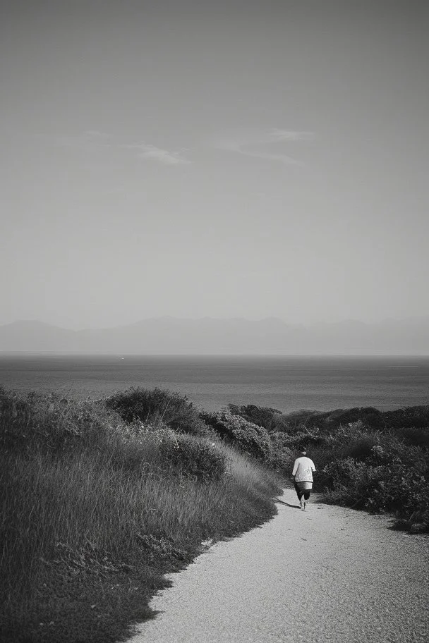 walking along a path that winds towards the top of a mountain, it is summer, the sea in the background photography taken with a Leica camera and 50mm lens, real photography in black and white, nostalgia