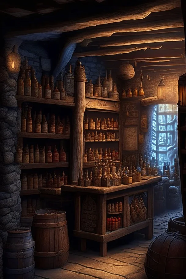 inside of a medieval shop, wooden walls, log pillars, stone bar with shop keeper behind it, magical ingredients on display and weapons on display