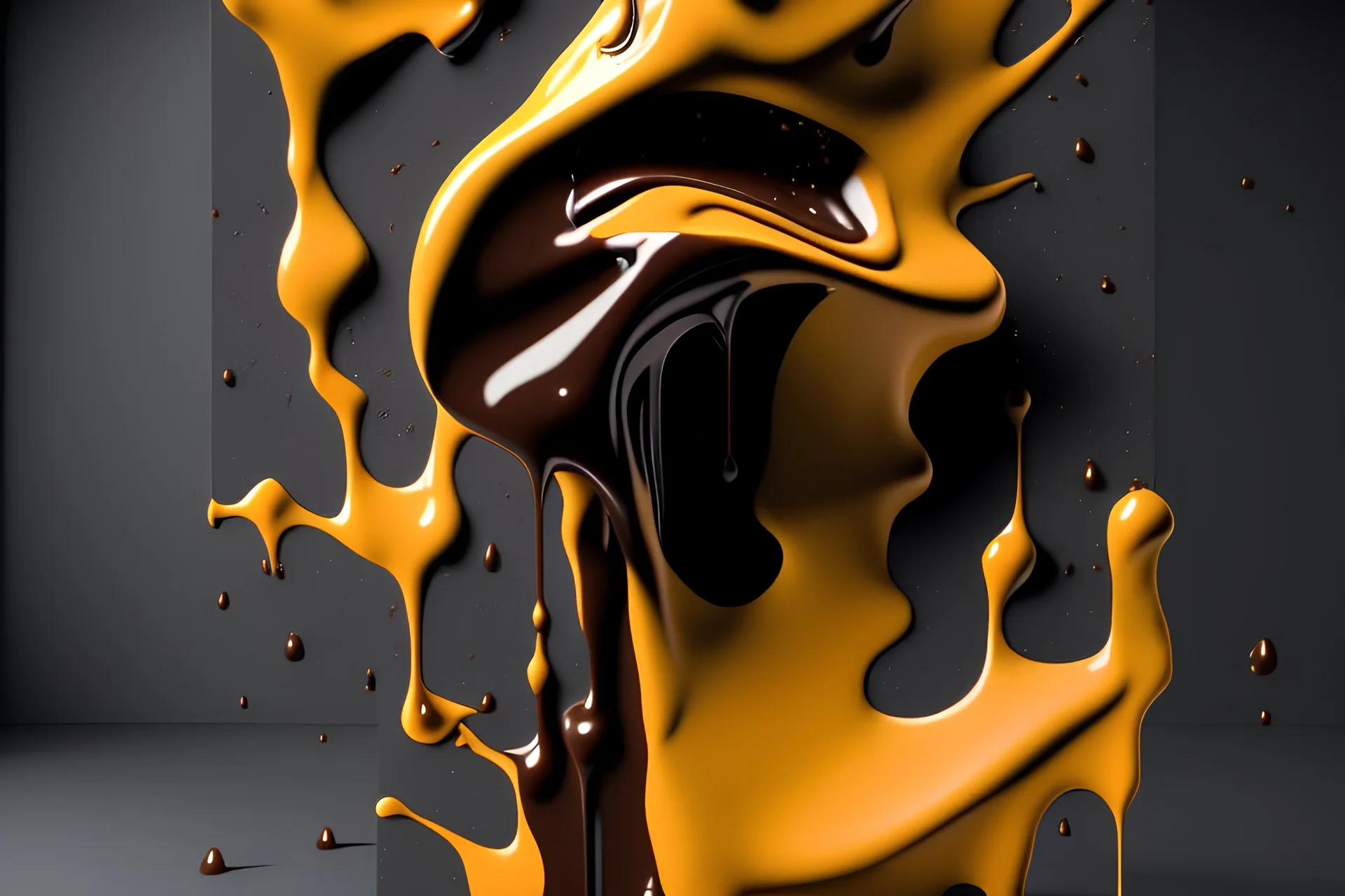 very dark grey canvas textured cloth environment and background, industrial light & magic 3d rendering, ilm, closeup portrait of extreme abstract art, fade into highly detailed splatart of equally mixed ( honey / maple syrup / milk / liquid chocolate / liquid caramel / strawberry syrup / vanilla sauce / hazelnut creme ), tasty, ultra large particle count, volumetric lighting, ambient occlusion, random 3d depth effects, reflective floor, clarity, purity, reflections equally
