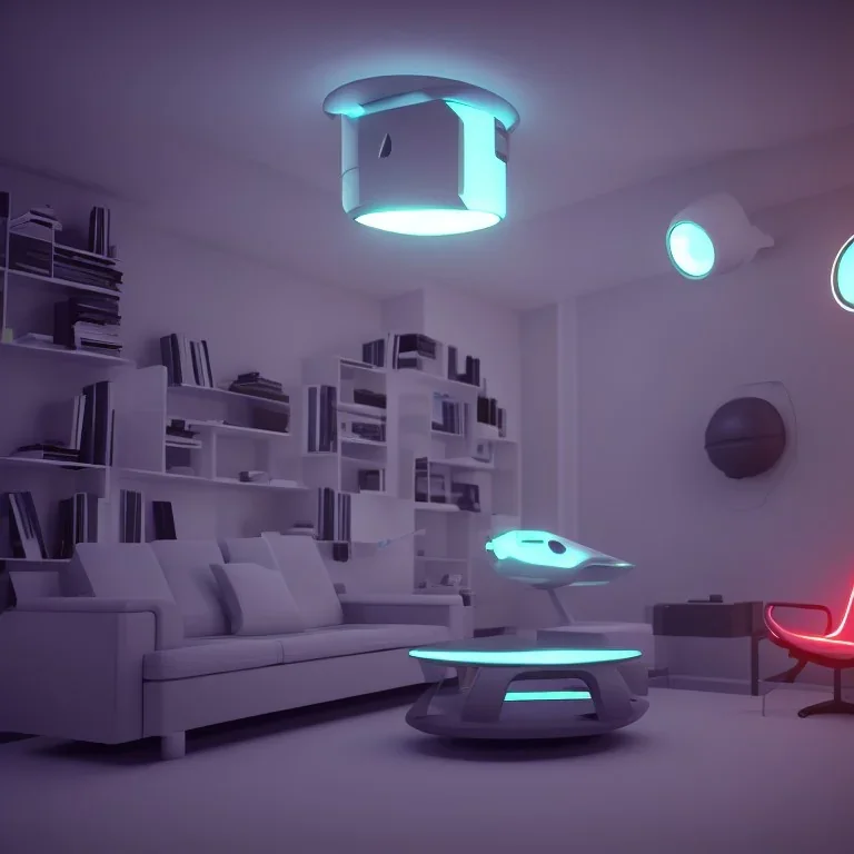 concept of futuristic living room, cyborg sitting, cinema 4d, blender, complex, beautyfull, 8k, lights