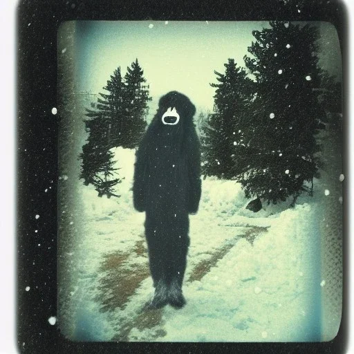 cryptid in the snow polaroid vintage style realistic