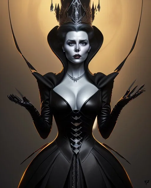 evil queen in black leather gown, busty, cleavage, angry, emperious, 8k resolution concept art portrait by Greg Rutkowski,