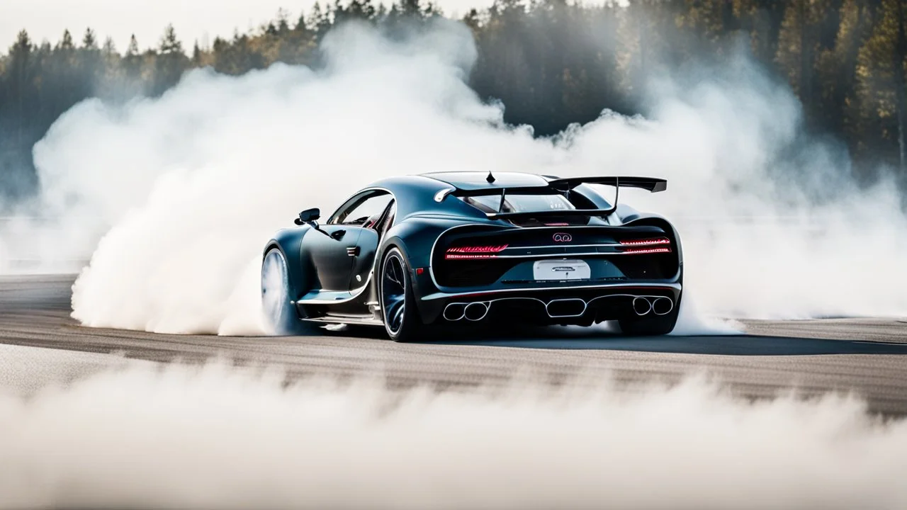 black tuned bugatti chiron drifting in the white smoke, rear view, cinematic, luxurious --chaos 80 --ar 16:9 --style raw --stylize 700