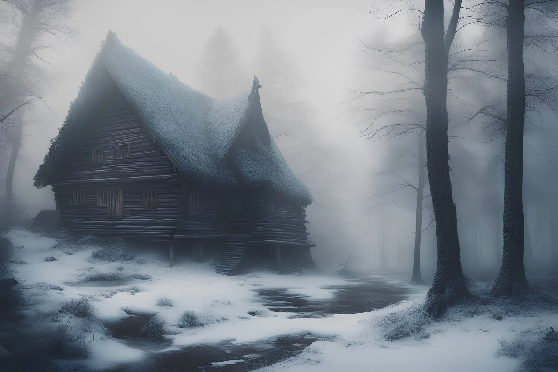 Povoado no meio de uma floresta, casas de madeiras, imagem antiga, cores frias e ar misterioso