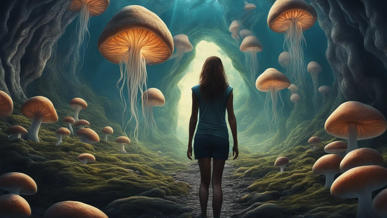 woman walking through Alien mushrooms with jellyfish tentacles, floating through an alien forest, in a huge cave, floor covered in mushrooms, photorealistic, Deep Colour, Intricate Detail, sunshine, blue sky