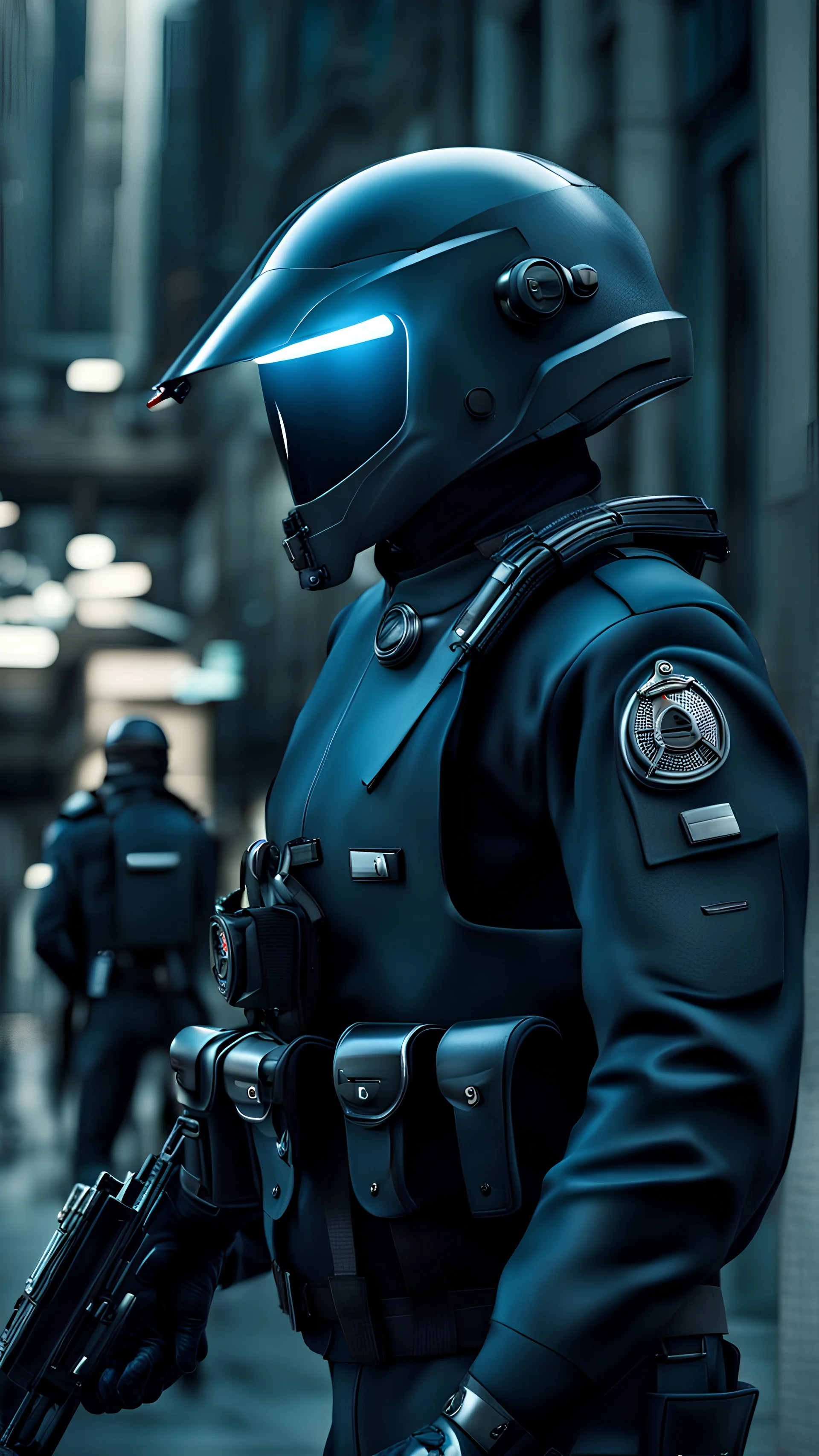 futuristic policemen patrolling streets, fierce posture, photorealistic