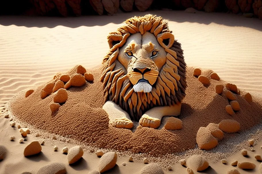 lion made of pebbles in sand