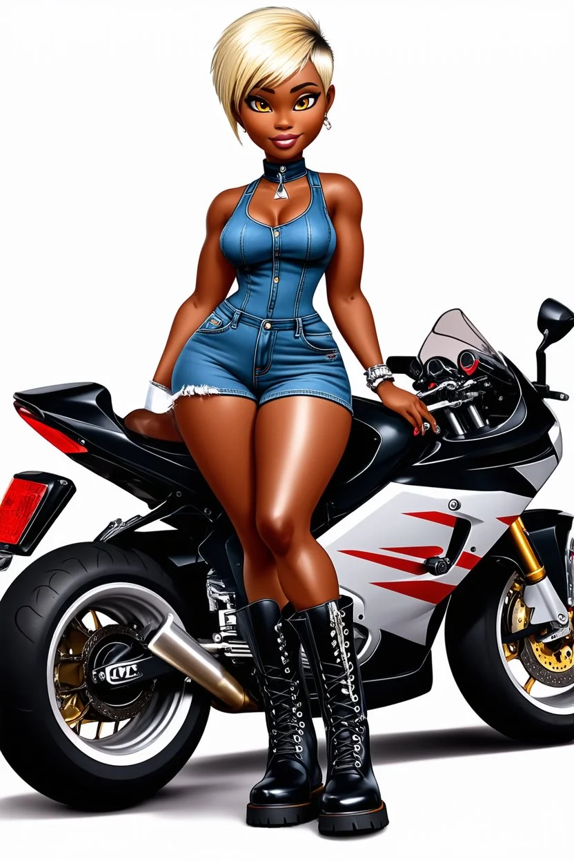 create an airbrush illustration of a chibi cartoon voluptuous black female wearing a blue jean outfit with biker boots. Prominent make up with hazel eyes. Extremely highly detail of a very low platinum blonde pixie haircut. Background of a bike show.
