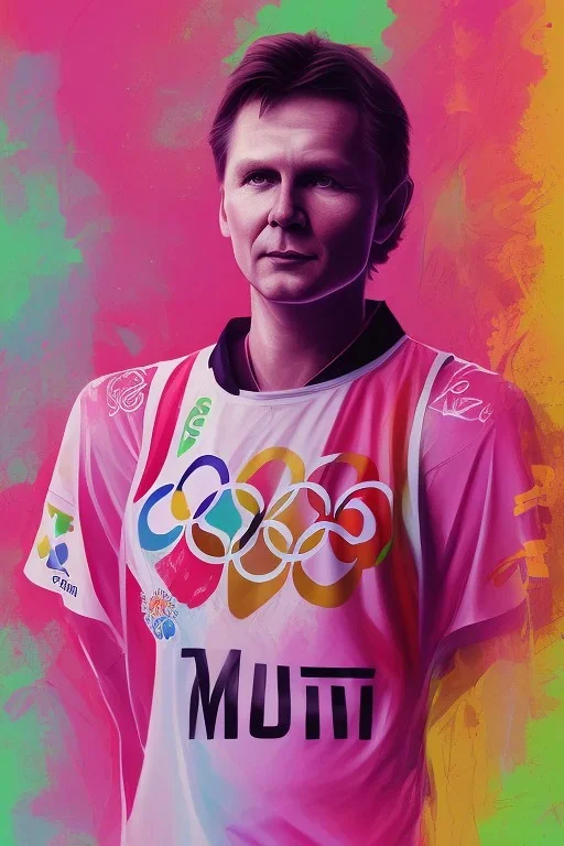 Portrait of Matti Nykänen in olympics. colorful. pink.