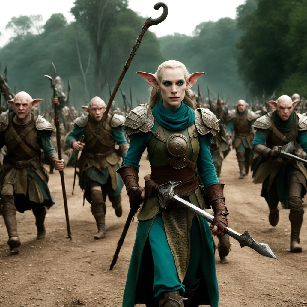 (Monthy python and Pan's Labyrinth (2006)) heavily armed female elf on the march, rusty and dusty with a sharp pole arm