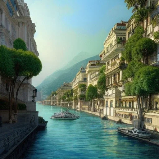 Montecarlo,Waterfront,Waterfront,Sea,beach, Beaux Arts architecture,+palladio+liveable street+detailed facades+green city,uphill road,trees on walkway,elegant avenue, biopunk+Bueno Aires,vienna, alphonse mucha, greg rutkowski,matte painting, cryengine, hyper detailed, felix kelly, fantasy art, seb mckinnon"