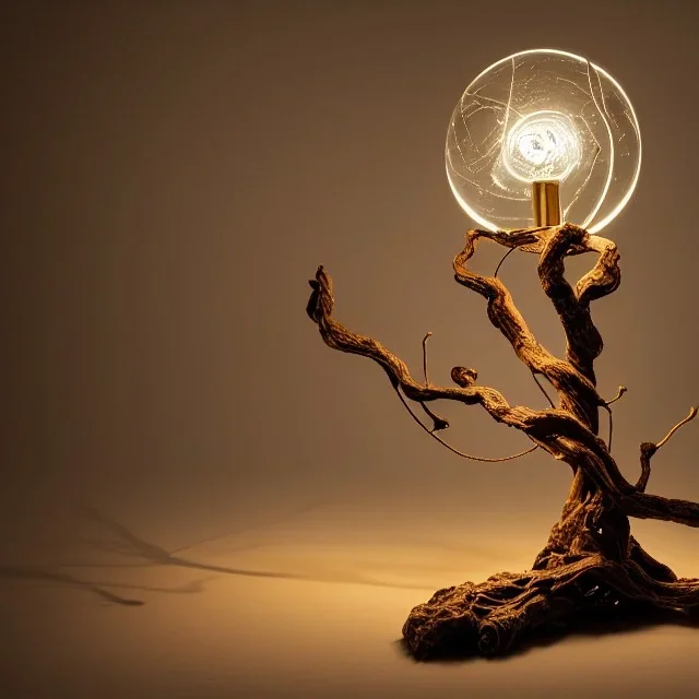 a gorgeous, stunning table lamp made of twisted, gnarled wood with illuminated globe of light hanging off one branch, biosphere, lamp cord, 8k resolution, high-quality, fine-detail, photorealistic, intricate, digital art, detailed matte, volumetric lighting, illustration, 3D octane render, brian froud, howard lyon, George Grie, Ben Goossens