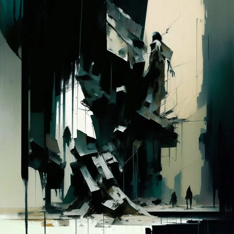 A dark abstract minimalist painting of Lebbeus Woods brutalist concrete bodies.. In the style of by Ashley Wood and Justin Mortimer. Large oil brushstrokes