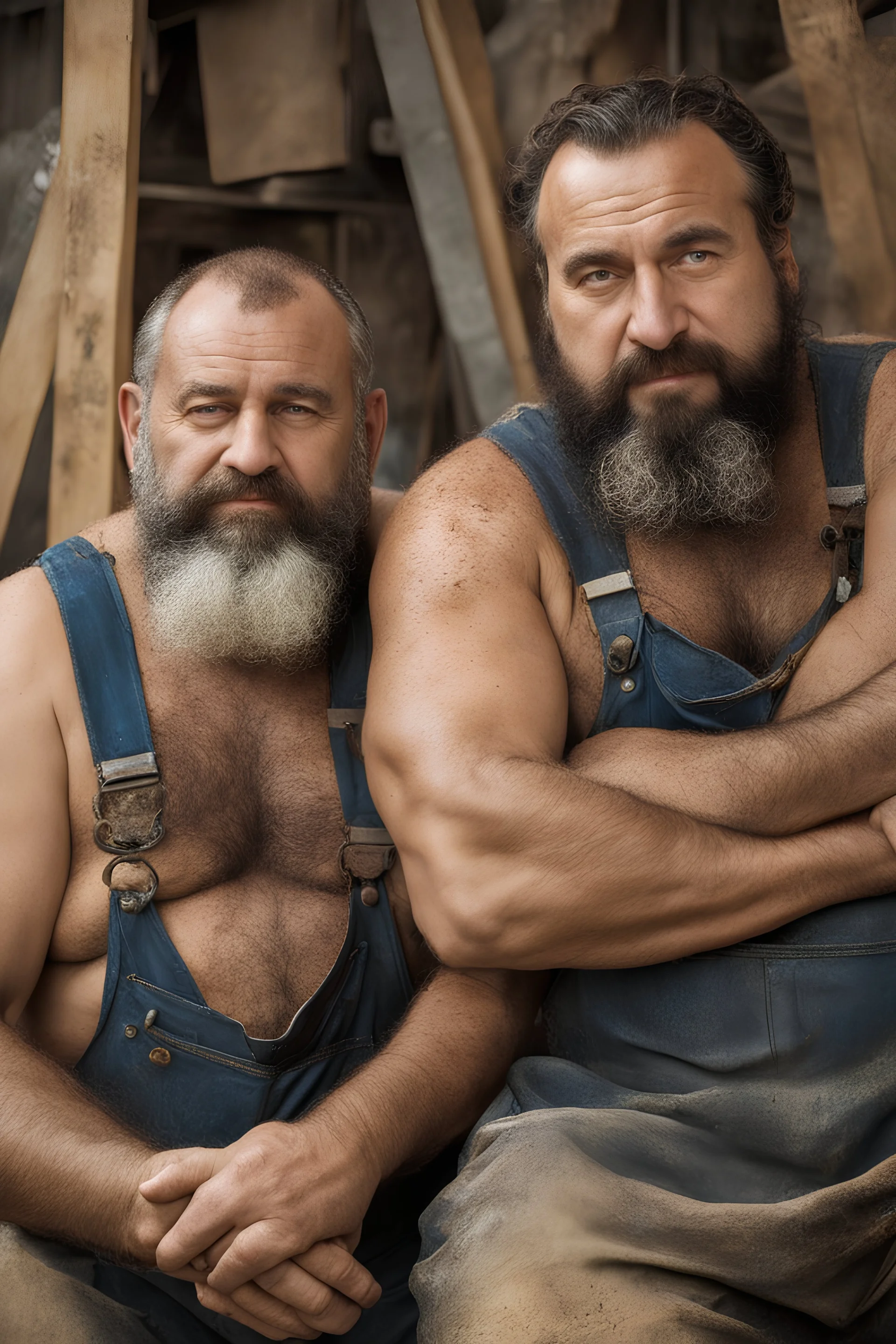 half figure shot photography of TWO ugly 44 year old stocky big chubby robust burly turkish carpenters embraced, dirty, wet, wearing bulging overalls, shirtless, hairy chest, serious, very virile, long beard, curly hair,, , in a sunny construction work area, photorealistic , photorealistic