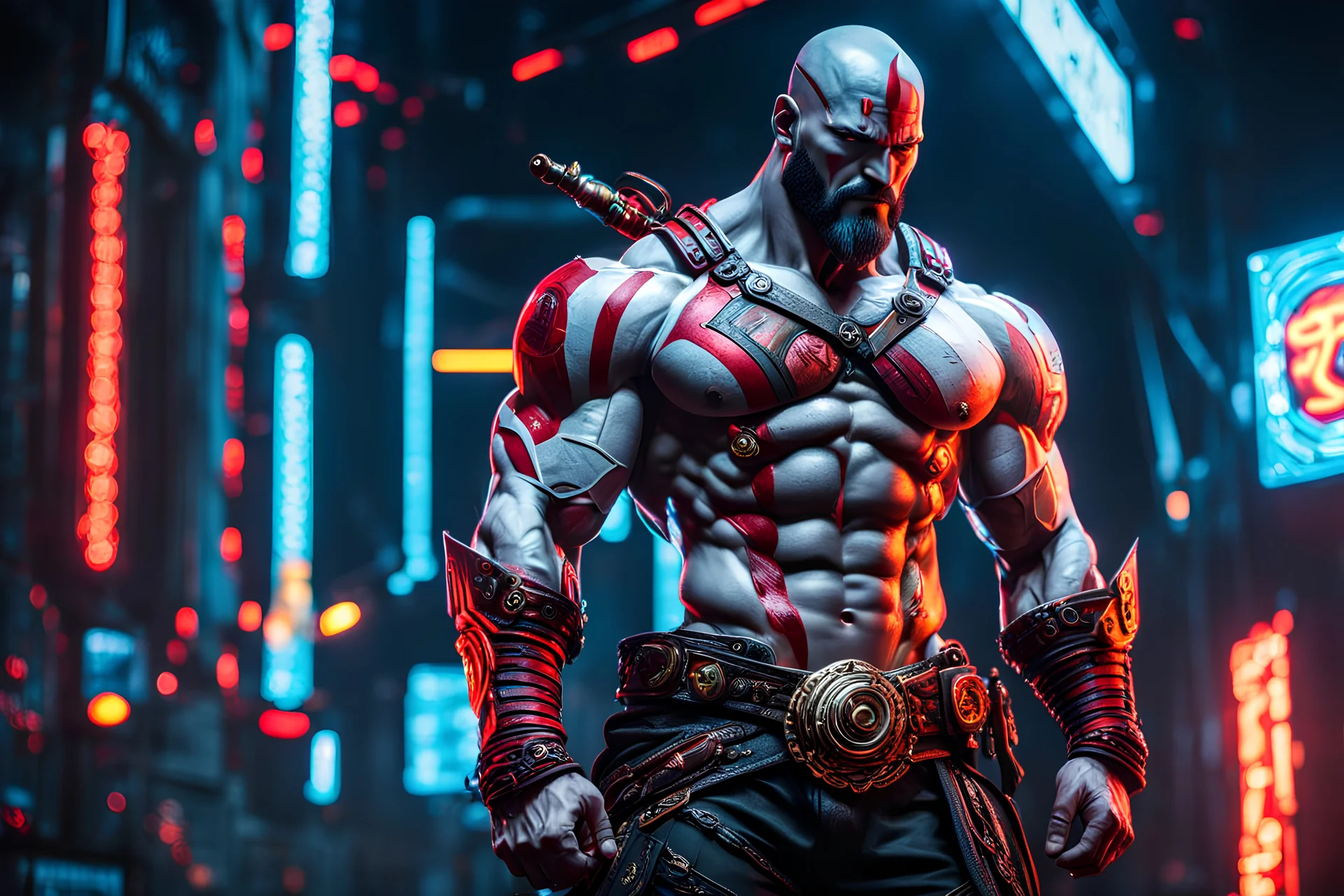 Kratos Body parts mechanism in 8k live action anime artstyle, one piece them, Young man, cyberpunk, dynamic pose, intricate details, neon lights , highly detailed, high details, detailed portrait, masterpiece,ultra detailed, ultra quality