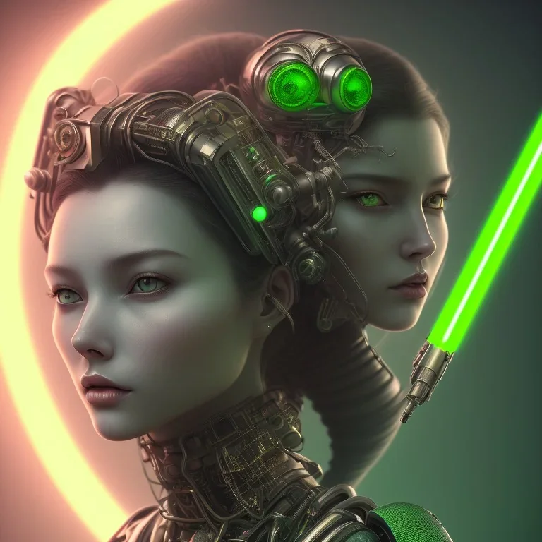 A beautiful portrait of a single minded cute cyberpunk woman, a short wolf haircut lime green color scheme, high key lighting, volumetric light high details with a lizard like alien with feathers and claws, 3/4 torso. Portrait with a light saber and single solid chestplate. Pyramid tattoo on her forehead