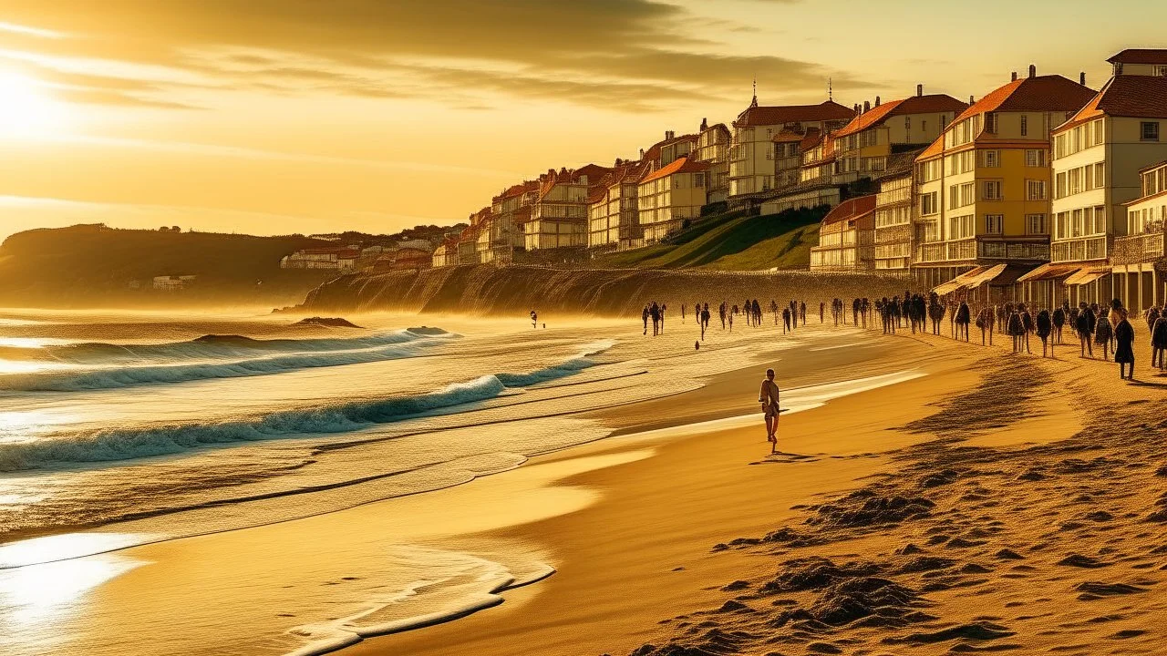 A coastal town with buildings along the shore, families walking on the beach, and a calm sea under a golden sky