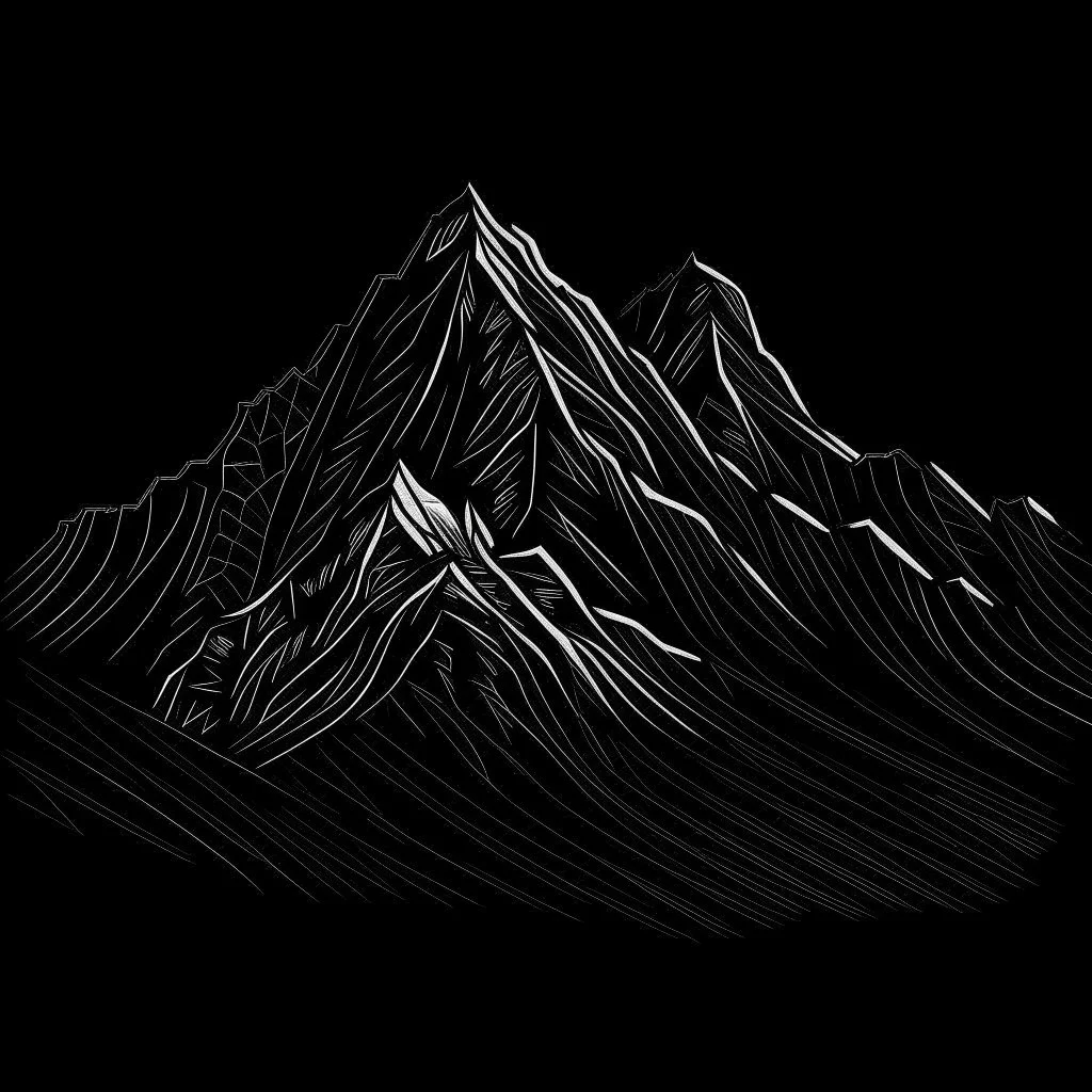 draw a black mountian with black background with white outlines