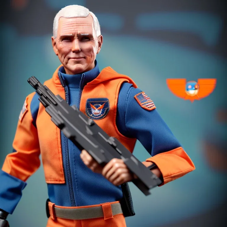 large pile of face Mike Pence G.I. Joe toy Doll spaceforce uniform, orange blue fabric, guns, wall packaging for sale, bright pricetag, finger, empty box